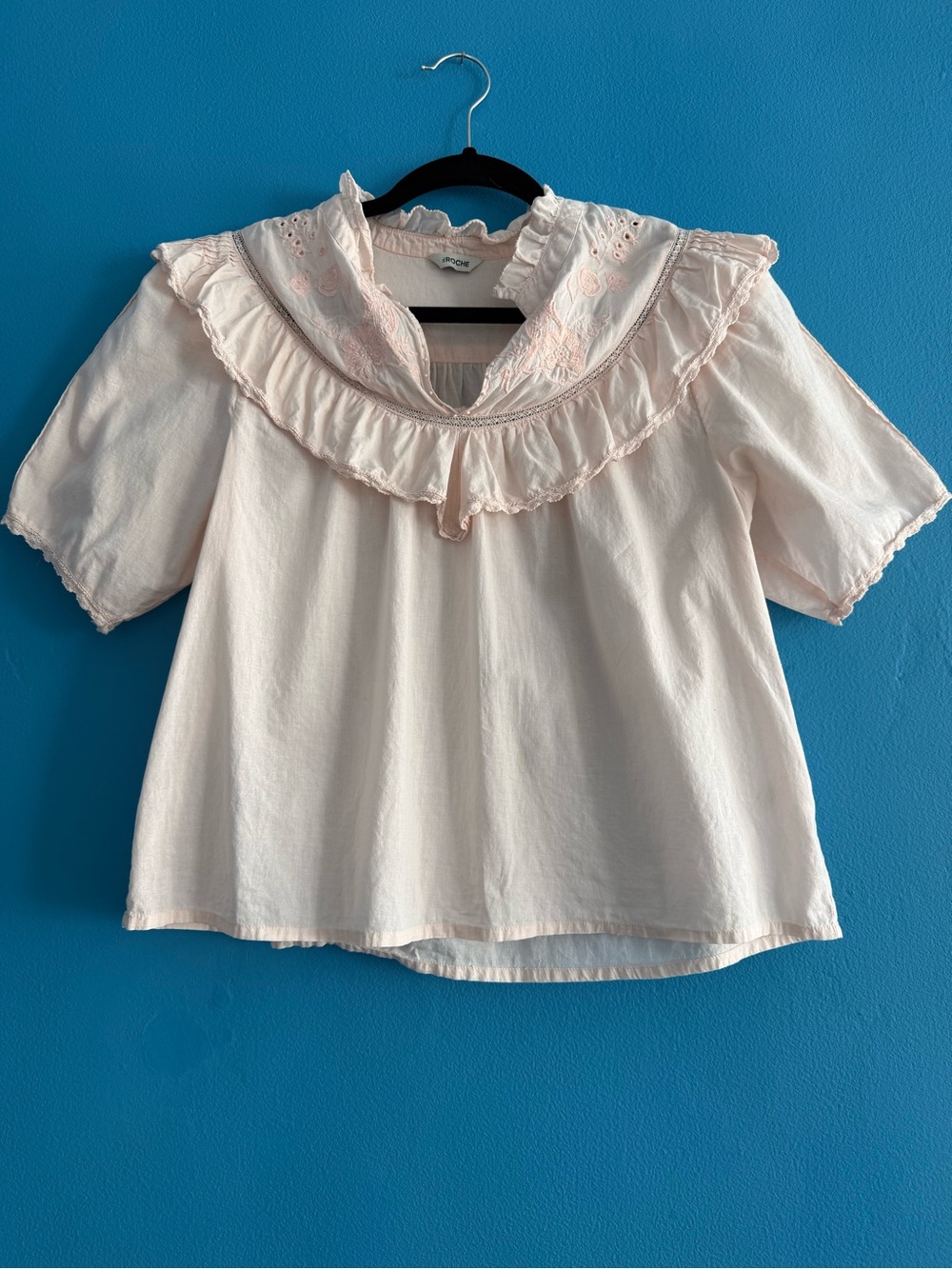 St. Roche Blush Embroidered Ruffle Collar Boho Blouse Sz 10